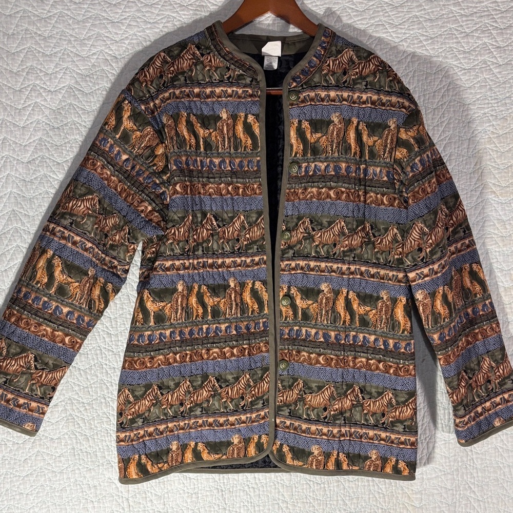 Vintage 90s Ali Miles Multicolor Safari Animal Patterned Quilted Blazer